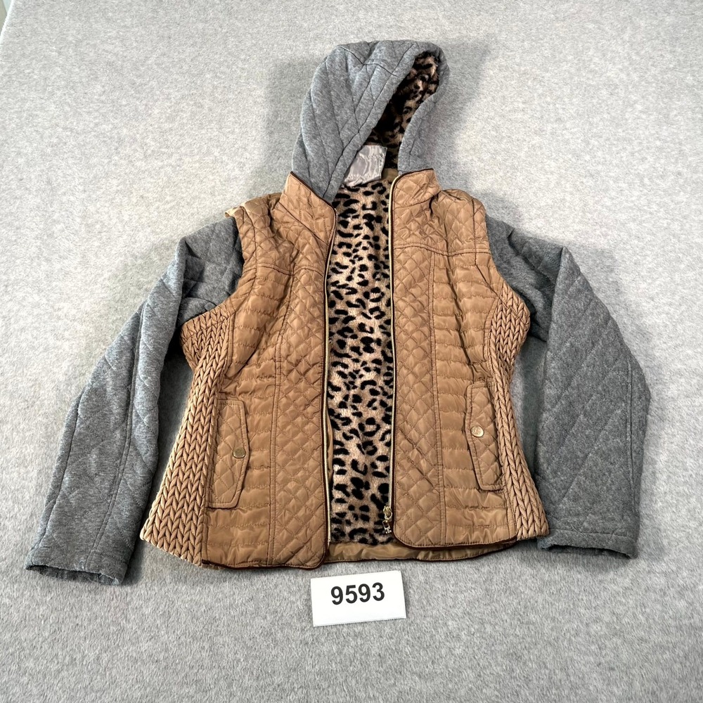 Louise Paris 2 in 1 Jacket Vest Womens Small Brown Gray Hooded Quilted Full Zip